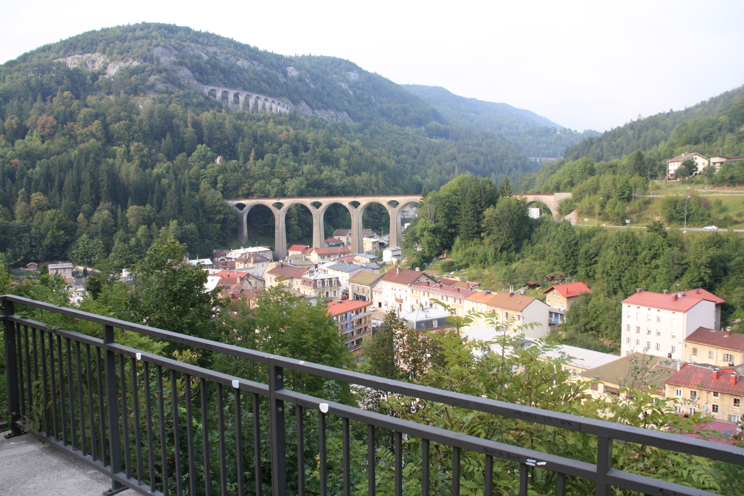 Paysage avec un viaduc où passe le train 